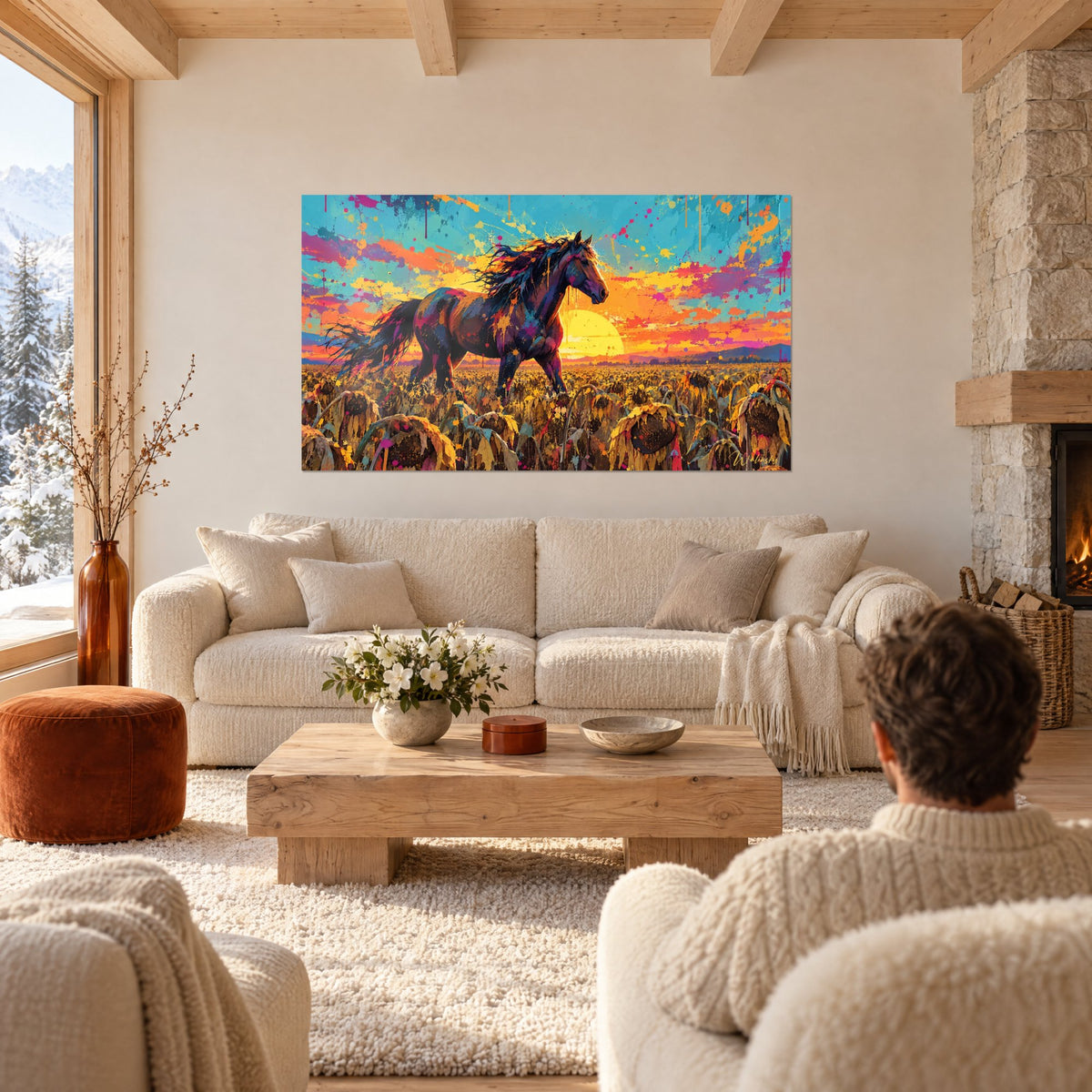 Tableau mustang noir au galop sur ciel orange et turquoise, tournesols fanés, au-dessus d'un canapé dans un salon lumineux