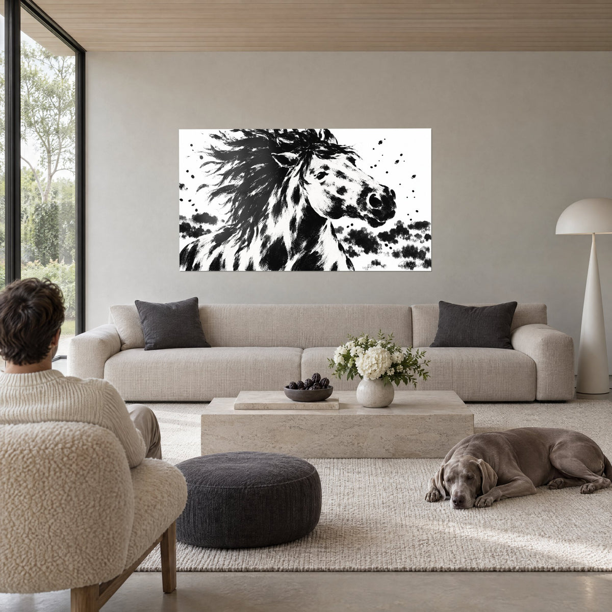 Tableau étalon pie à la crinière fouettée, noir profond sur blanc crème, regard tourné vers la droite, au-dessus d'un canapé dans un salon lumineux