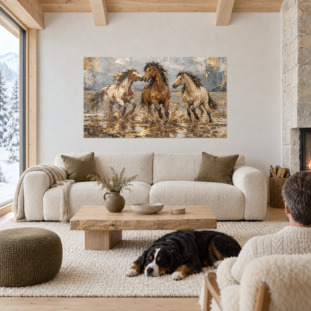 Tableau trois mustangs dorés éclaboussant l'eau, robe alezane et pie, coulures d'or, au-dessus d'un canapé dans un salon lumineux