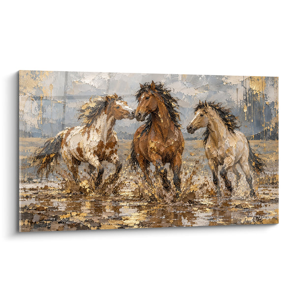 Tableau Trois chevaux dorés galopant dans l'eau - Galop effréné - Edition Cheval Mustang