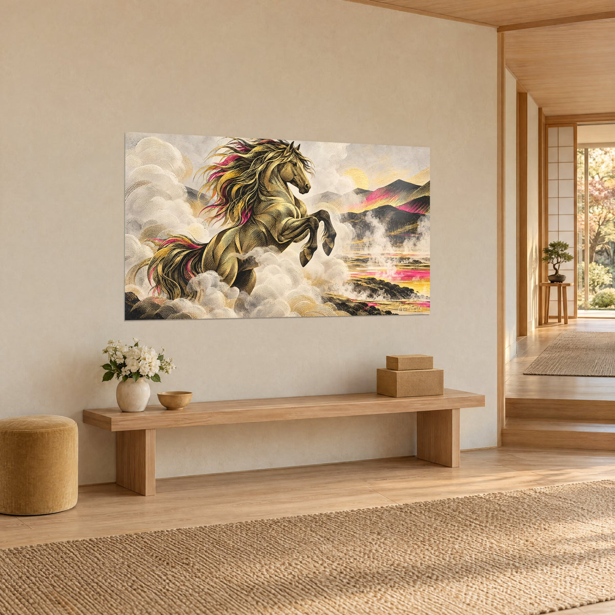 Tableau Mustang aux sabots levés, robe ocre gravée de traits noirs, volutes crème, montagnes roses, sur un mur japandi beige