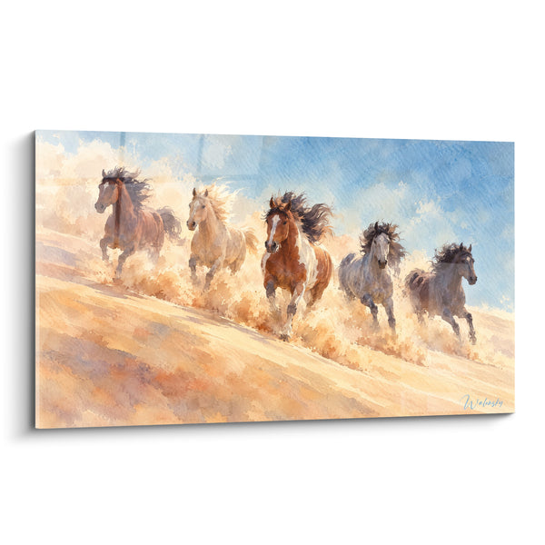 Tableau Mustangs ocre et bleu dévalant la dune - Cavalcade du désert - Edition Cheval Mustang