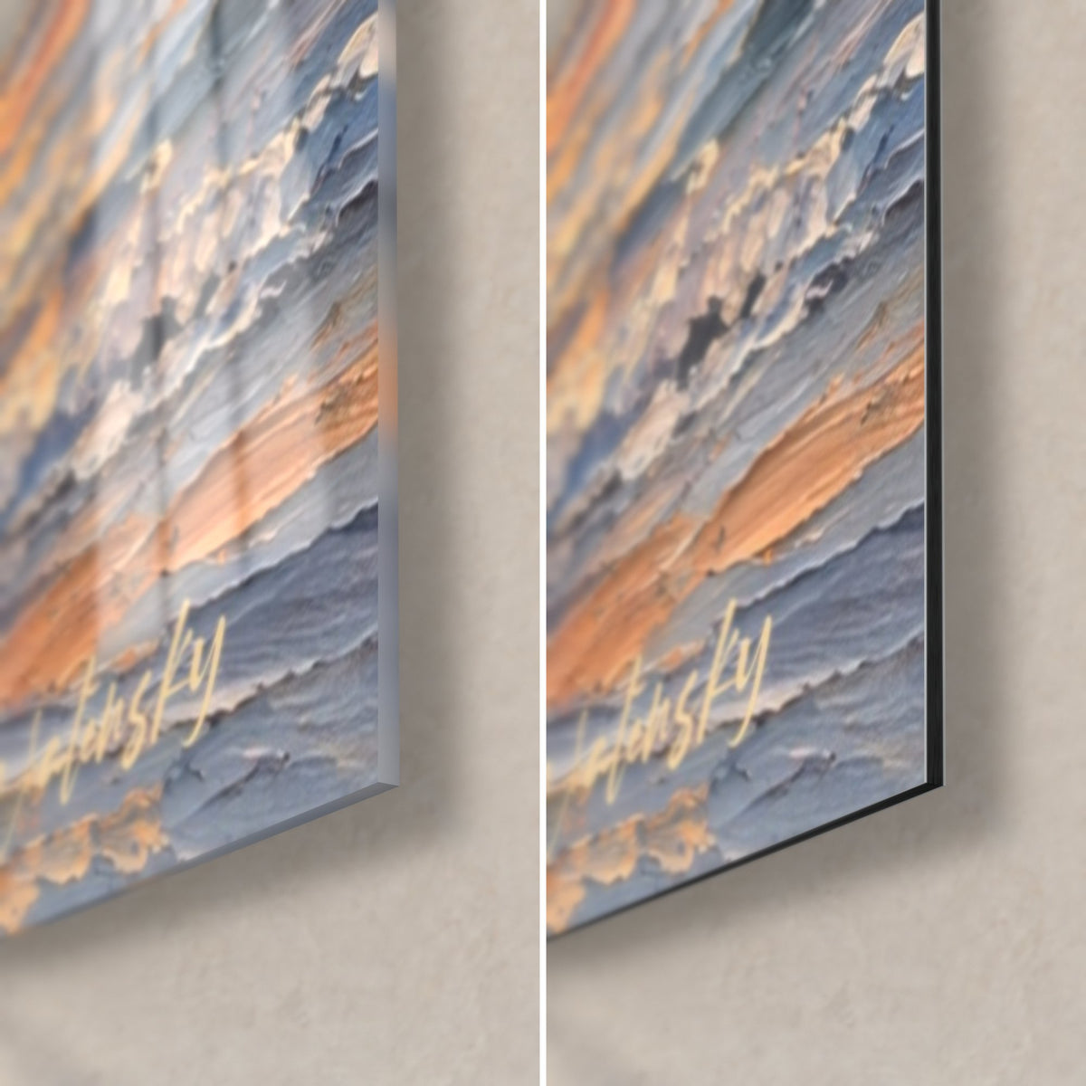 Tableau cheval alezan aux reflets cuivre, coin bas droit : verre acrylique brillant à gauche, alu Dibond mat noir et tranche de 3 mm à droite