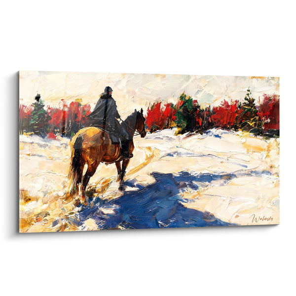 Tableau Cavalier brun et blanc dans la neige - Marche silencieuse - Edition Cheval