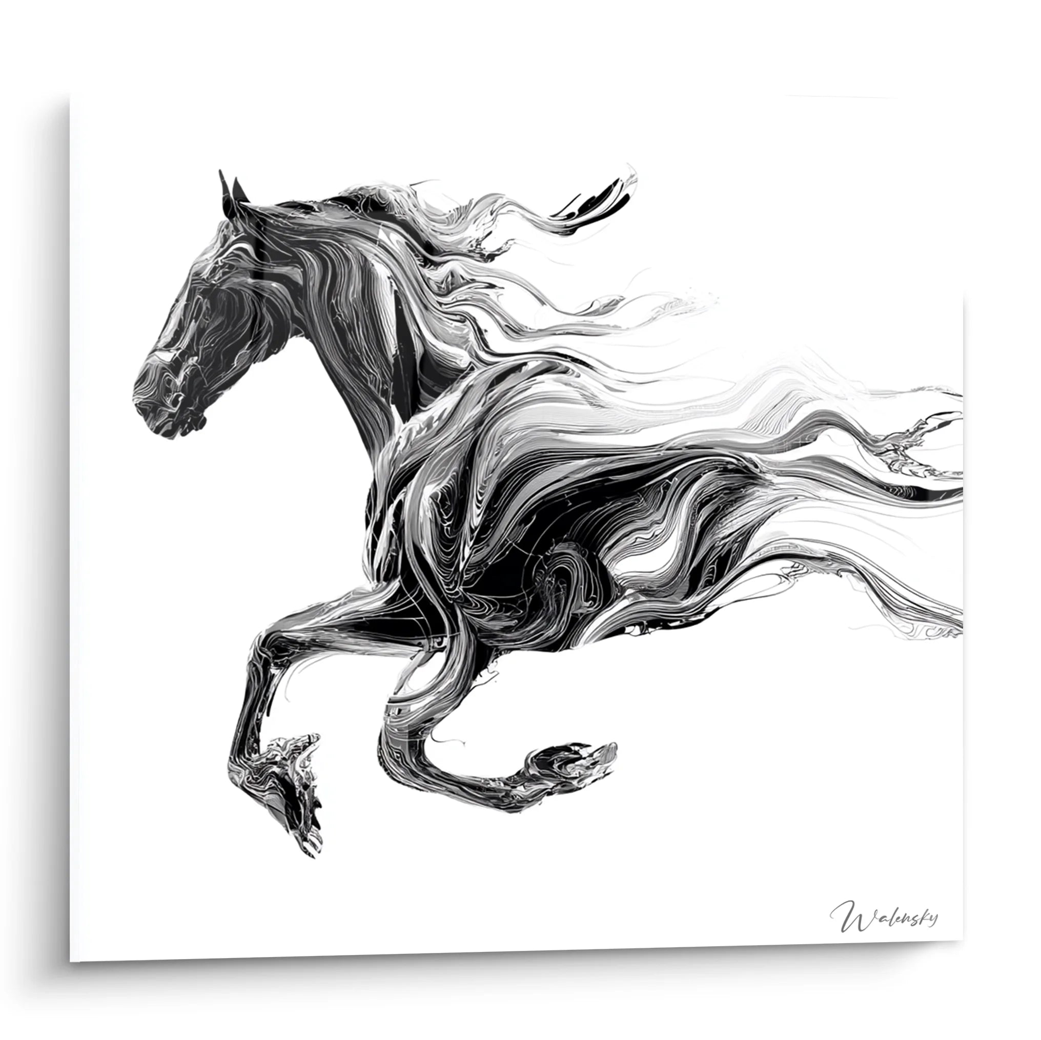 Tableau cheval noir et blanc avec effet fluide moderne pour décoration murale design