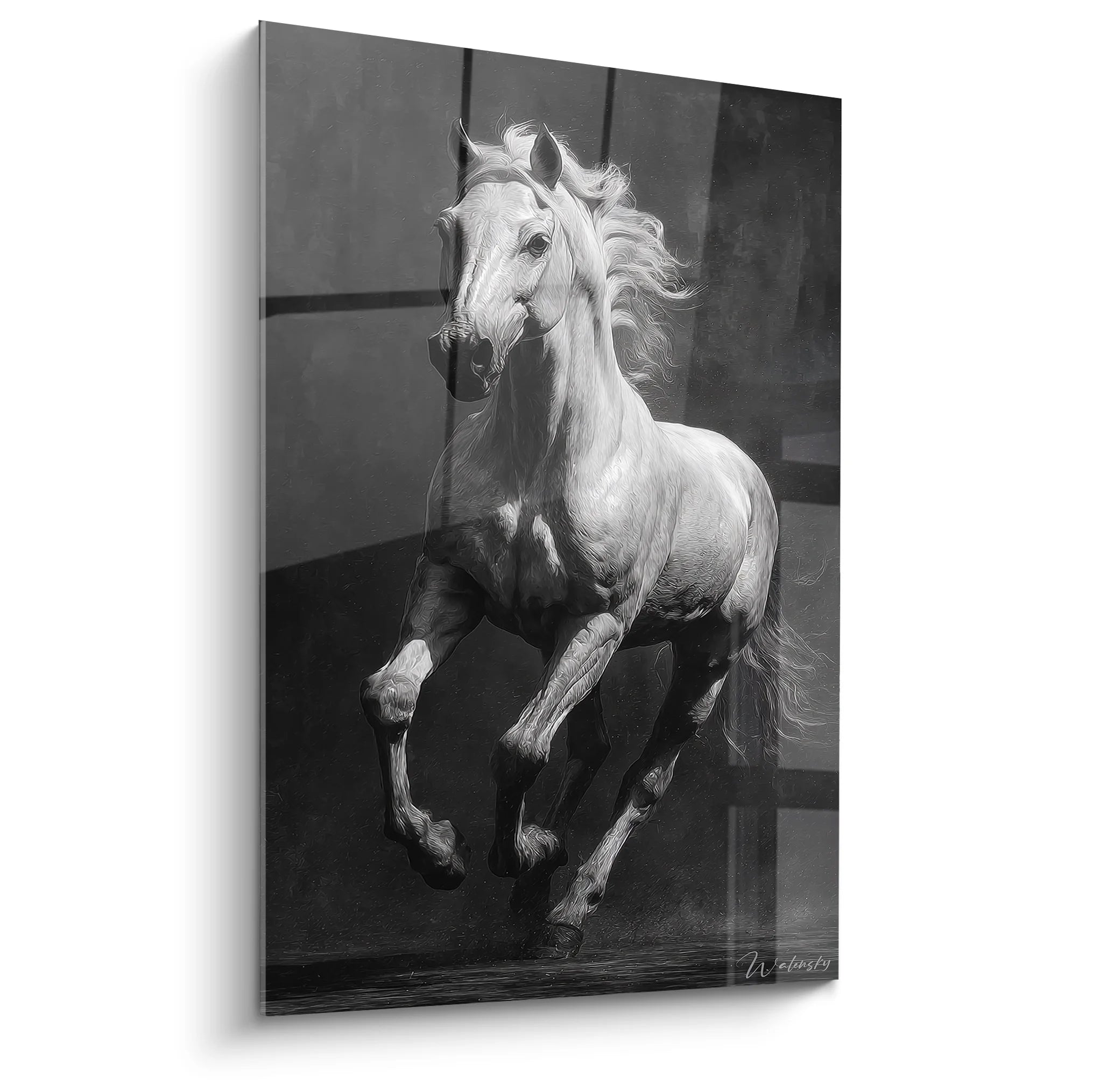 Tableau cheval noir et blanc au galop, art équestre moderne pour décoration murale