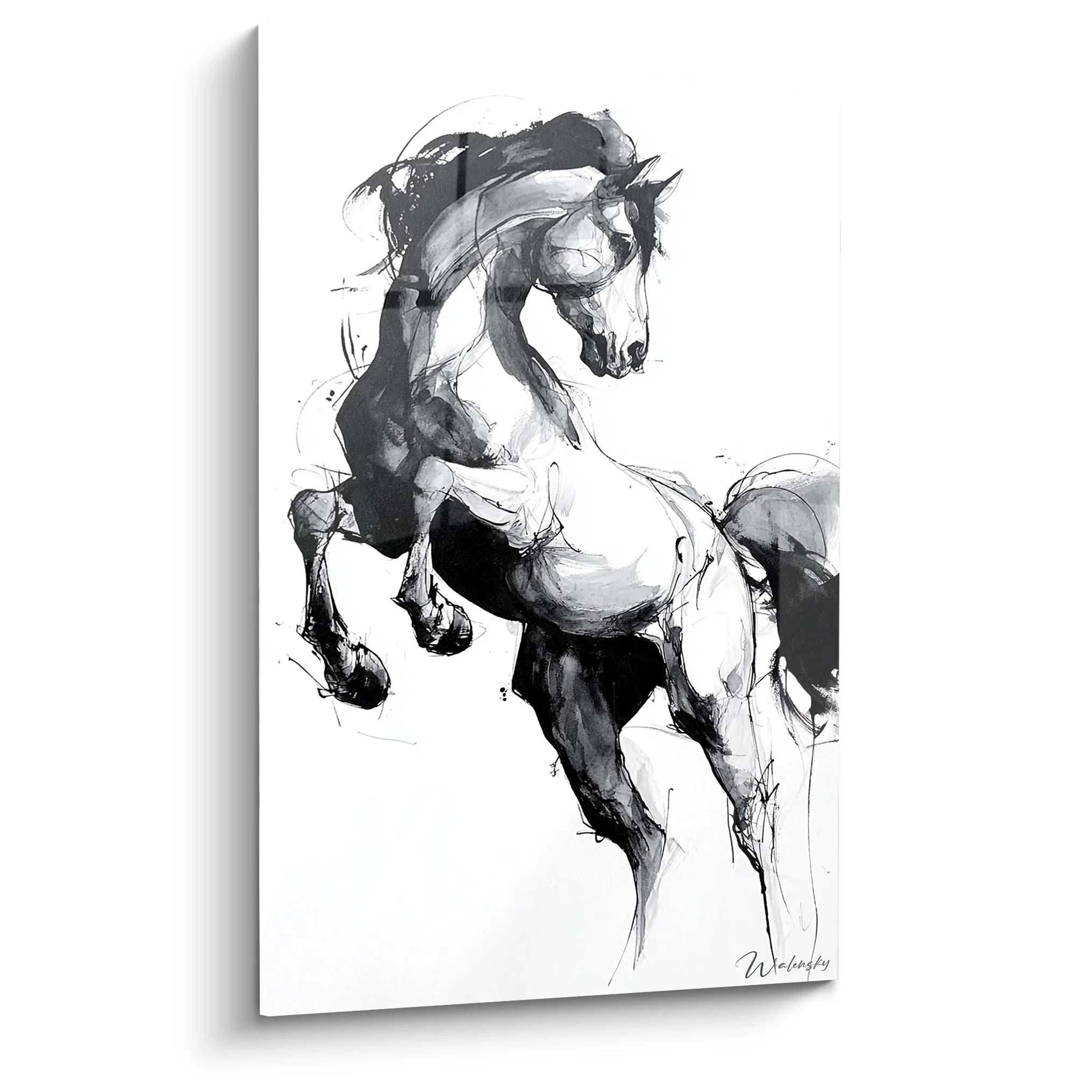 Tableau cheval noir et blanc moderne montrant un étalon cabré en mouvement, art équestre décoratif