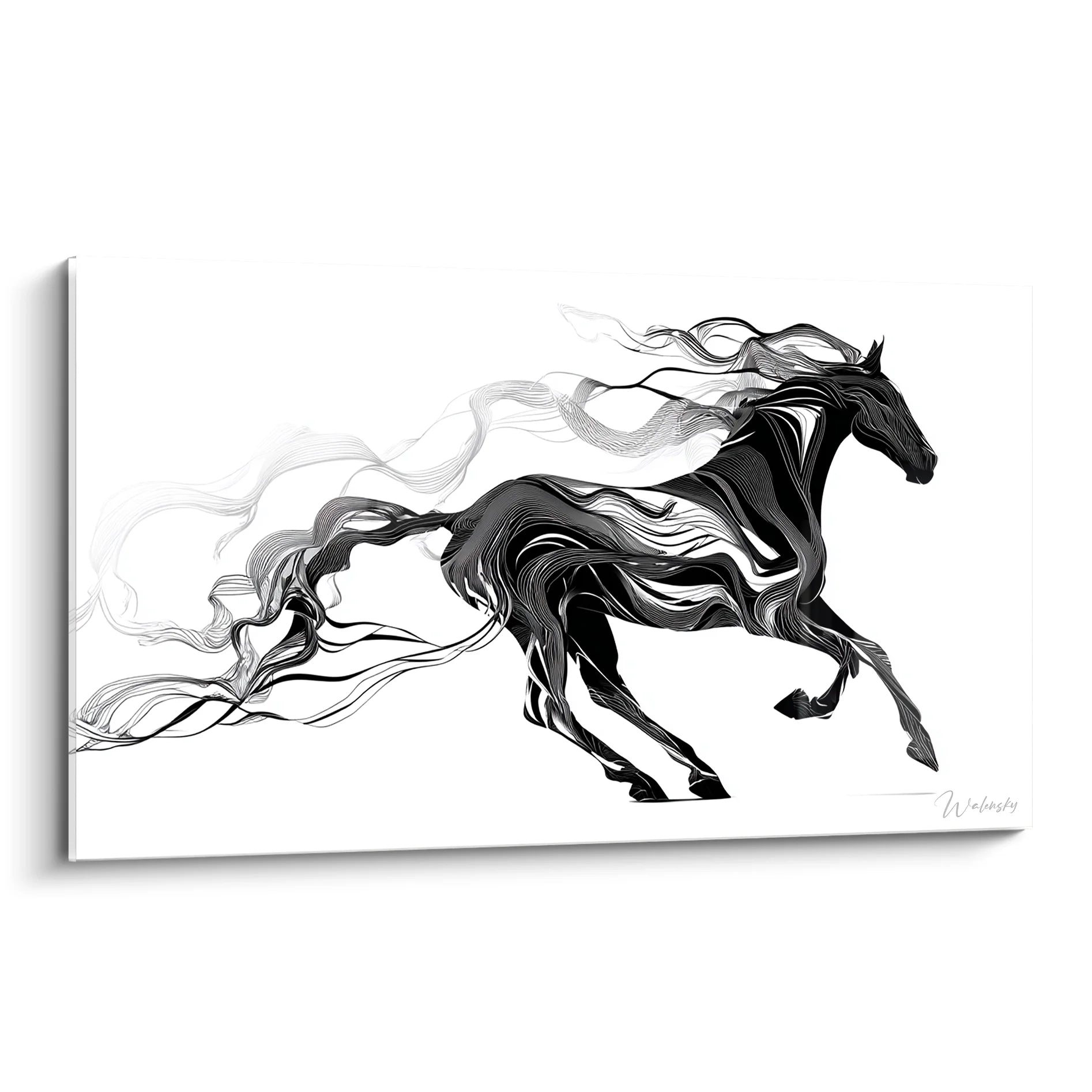 Tableau cheval noir et blanc en mouvement, art équestre moderne avec lignes fluides et dynamiques