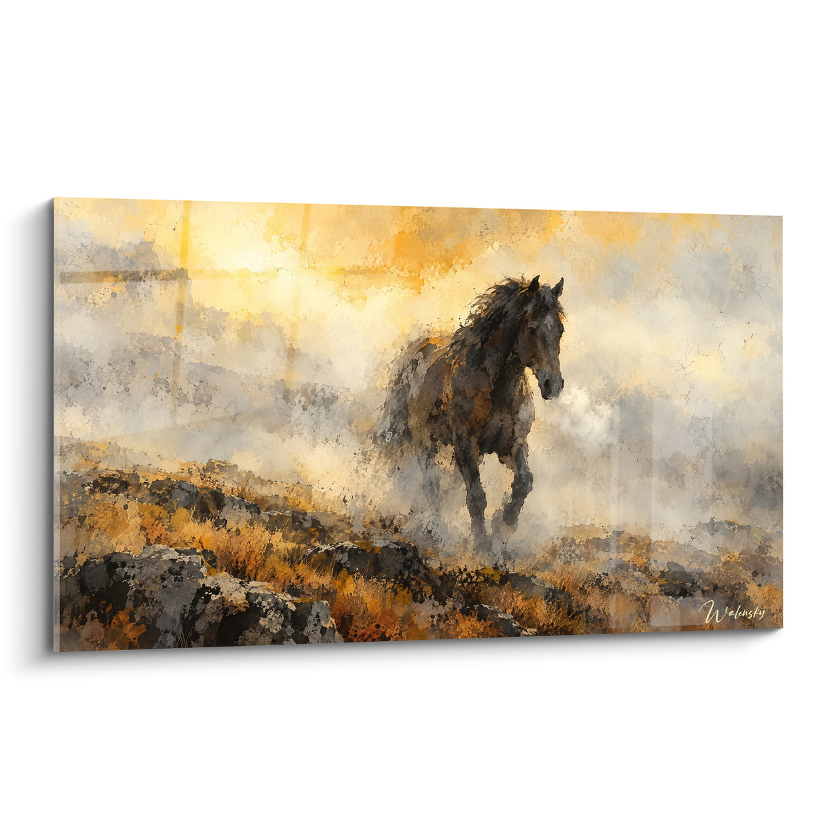 Tableau cheval noir au galop sur crête rocheuse, brume dorée et ocre, souffle visible dans l'air froid