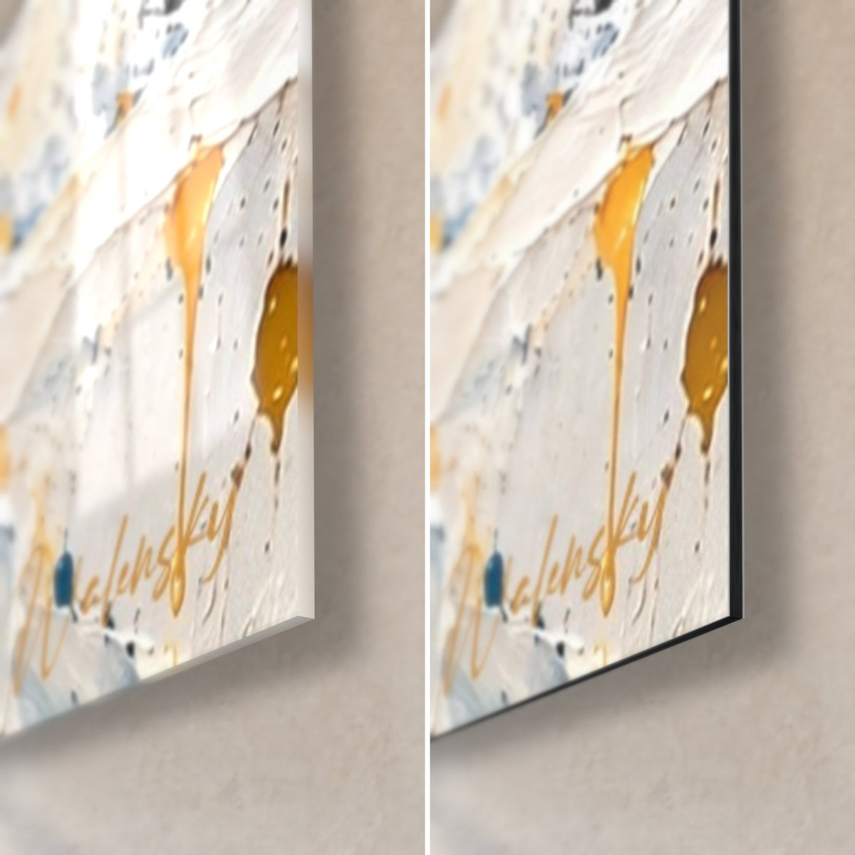 Tableau pur-sang noir aux coulures ocre, coin bas droit : verre brillant à gauche, Dibond mat noir à droite, tranche 3 mm