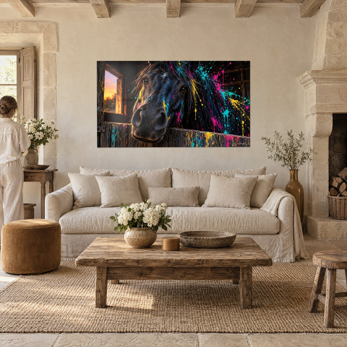Tableau étalon d'ébène éclaboussé de fuchsia et de turquoise, regard ambré, au-dessus d'un canapé dans un salon lumineux