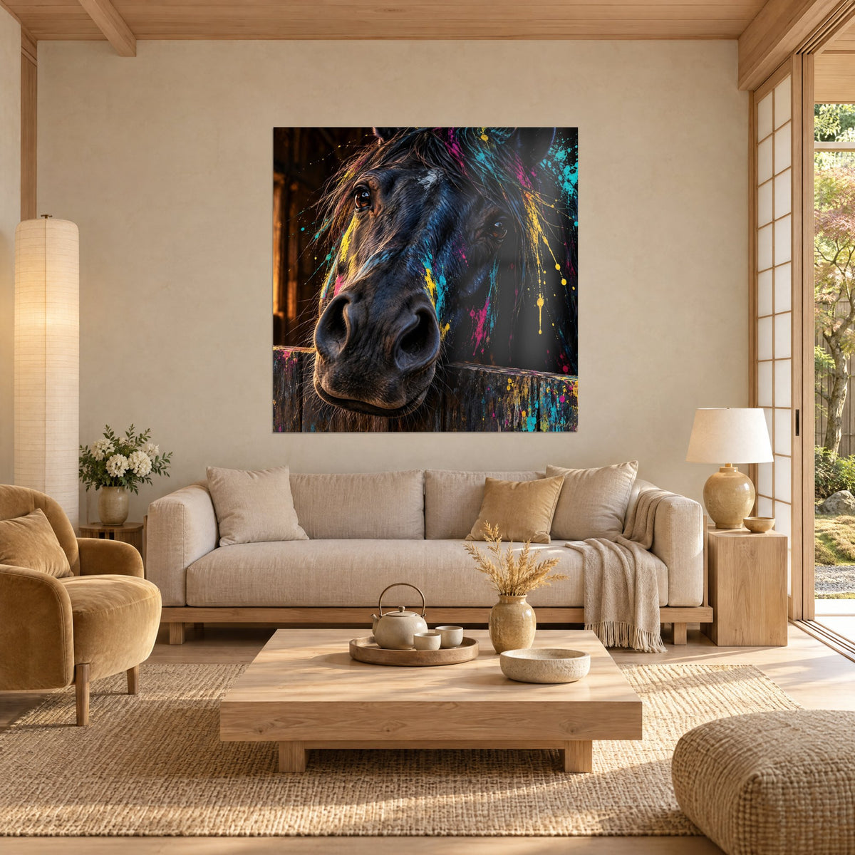 Painting of a black horse with amber eyes, turquoise and magenta splashes, above a sofa in a bright living room