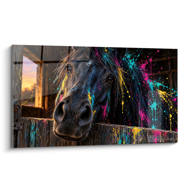 Tableau Cheval noir aux éclaboussures fuchsia et turquoise - Éclat dans l'écurie - Edition Cheval