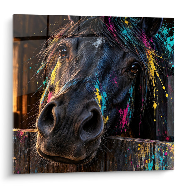 Tableau Cheval noir aux éclaboussures turquoise et magenta - Éclaboussure animale - Edition Cheval