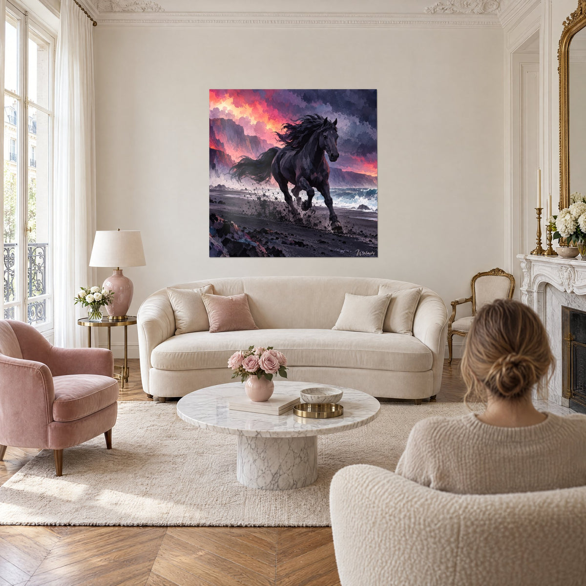 Tableau étalon noir au galop sur sable sombre, ciel rose et orangé, crinière fouettée, au-dessus d'un canapé dans un salon lumineux