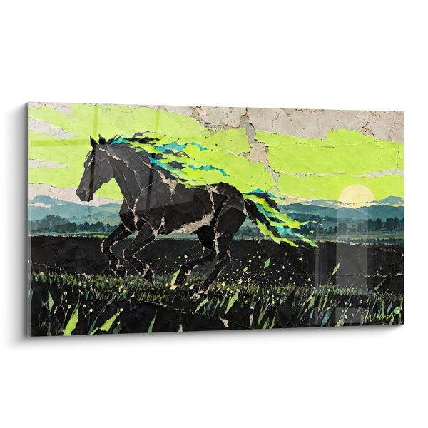 Tableau Cheval noir à crinière vert fluo - Course nocturne - Edition Cheval