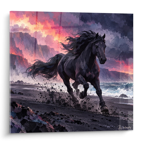 Tableau Cheval noir sur plage volcanique embrasée - Galop sous l'orage - Edition Cheval