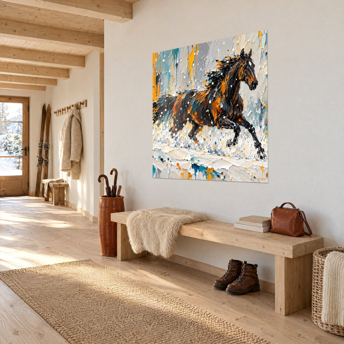 Tableau cheval sombre en pleine course, éclaboussures blanches et jaune safran, accroché dans l'entrée d'un chalet