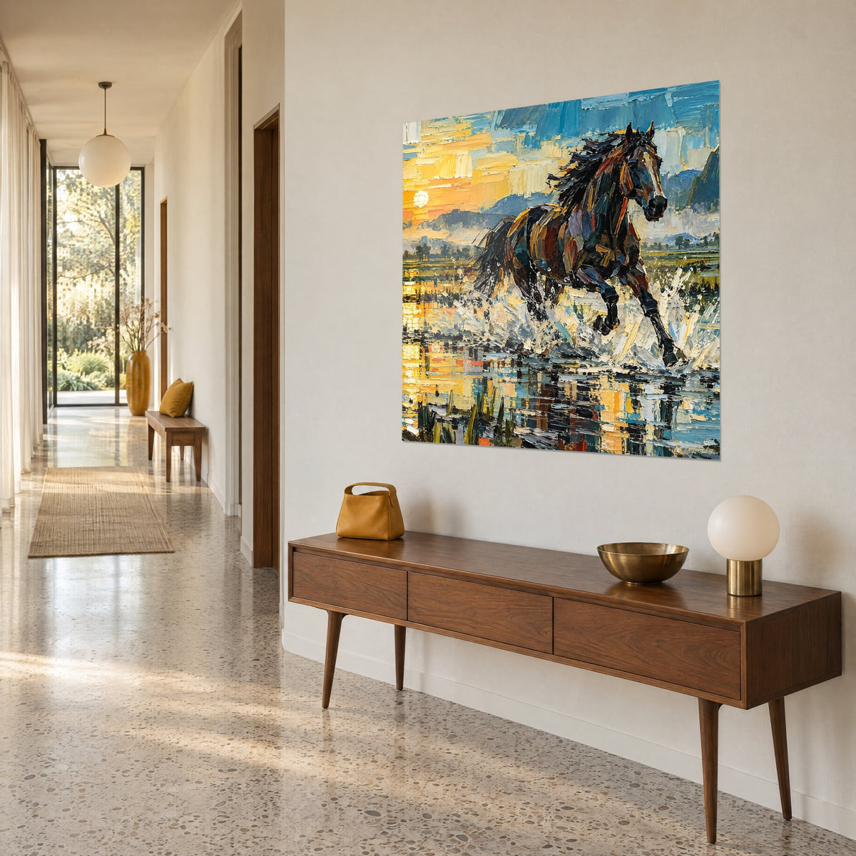 Tableau cheval noir et roux en pleine course, soleil blanc sur collines bleues, accroché au-dessus d'une console en bois, couloir