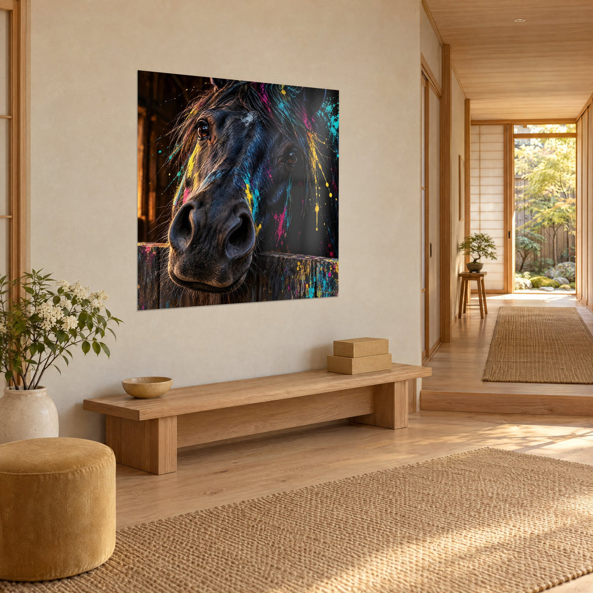 Painting of the dark muzzle of a stallion covered in yellow and turquoise drops, seen in three-quarter view in a Japandi hallway