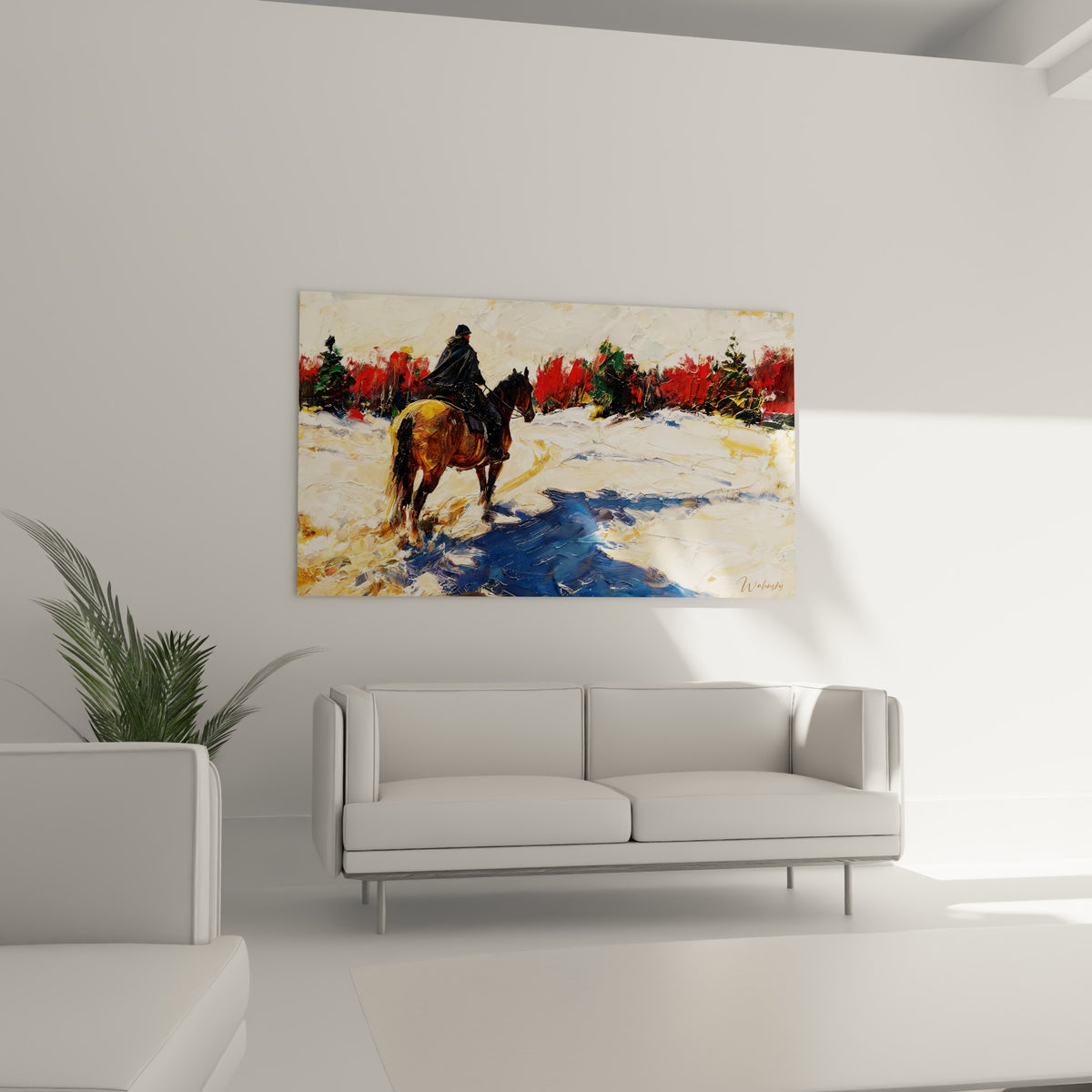 Monture brune et silhouette sombre glissent sur la neige ocre, au-dessus d'un canapé dans un salon lumineux