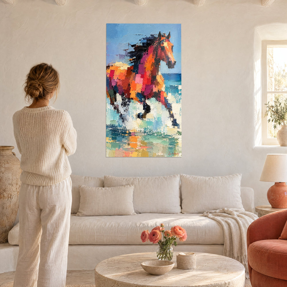 Tableau étalon galopant, robe orange et magenta en aplats, éclaboussures turquoise, au-dessus d'un canapé dans un salon lumineux