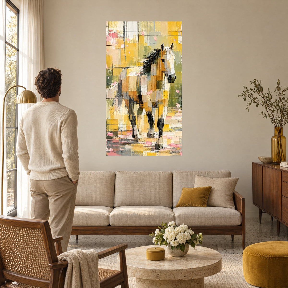 Tableau cheval blond en patchwork jaune moutarde et rose poudré, crinière noire, au-dessus d'un canapé dans un salon lumineux