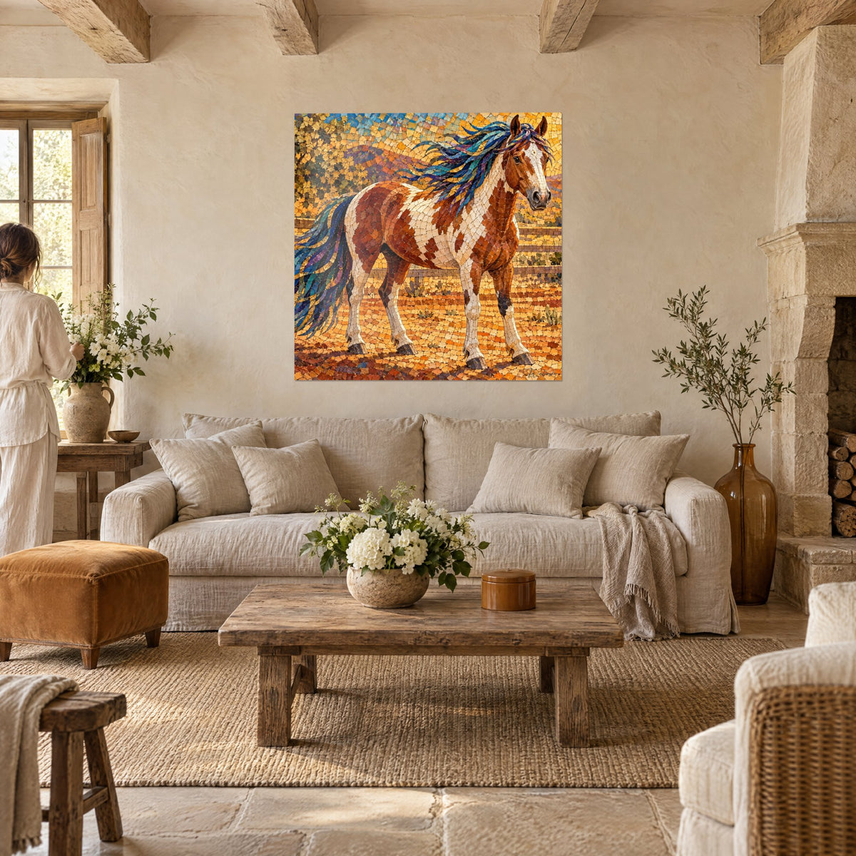 Tableau cheval pie en mosaïque, crinière bleu turquoise et robe brun roux, deux personnes de dos, au-dessus d'un canapé dans un salon lumineux