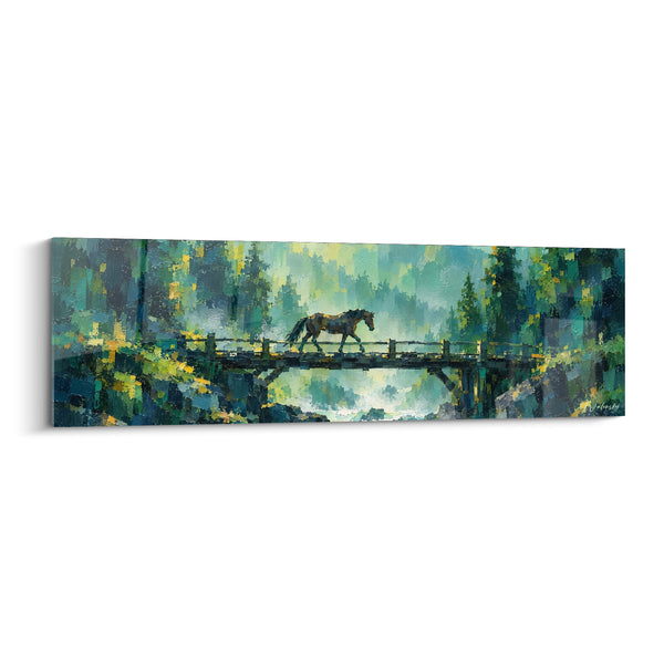 Tableau Cheval brun traversant un pont de bois vert et turquoise - Forêt reflétée dans l'eau - Edition Cheval