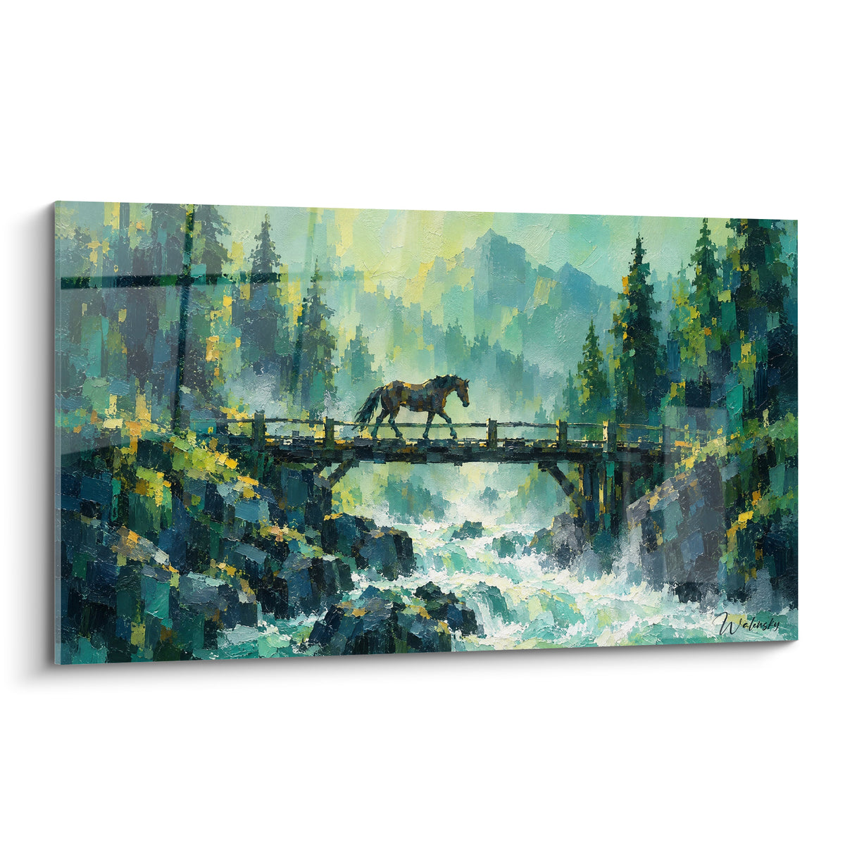 Tableau cheval fauve traversant un pont de bois sur fond vert turquoise et montagnes bleutées