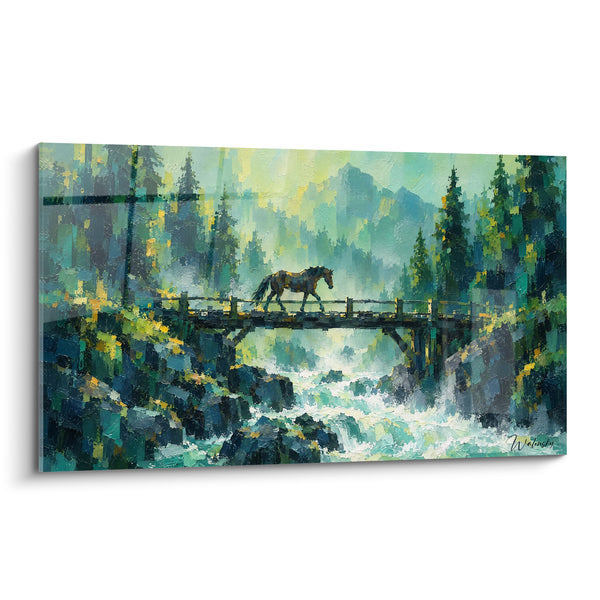 Tableau Cheval traversant un pont vert turquoise - Passage silencieux - Edition Cheval
