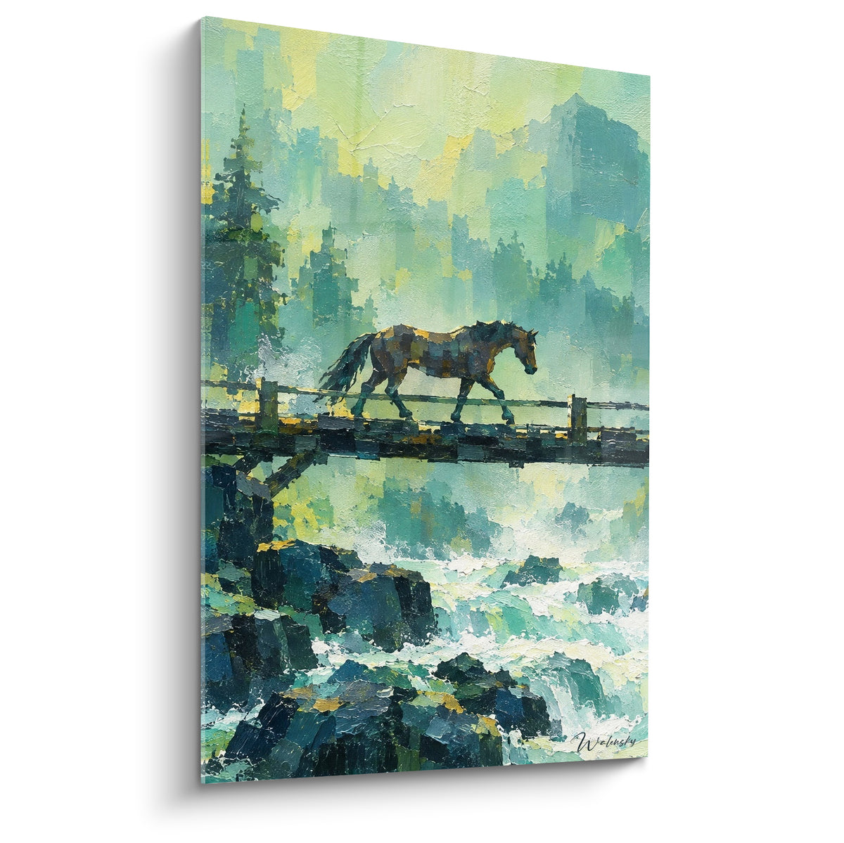 Tableau cheval brun traversant un pont de bois au-dessus de rapides verts et turquoise