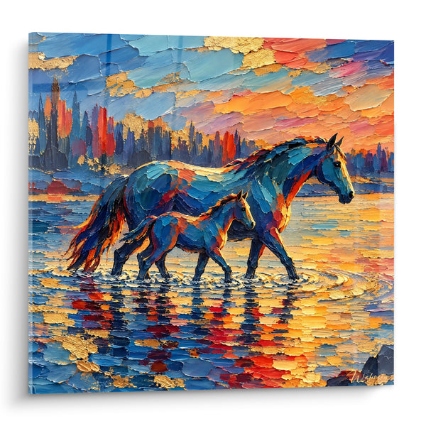 Tableau Chevaux traversant une eau dorée et bleue - Traversée au crépuscule - Edition Cheval