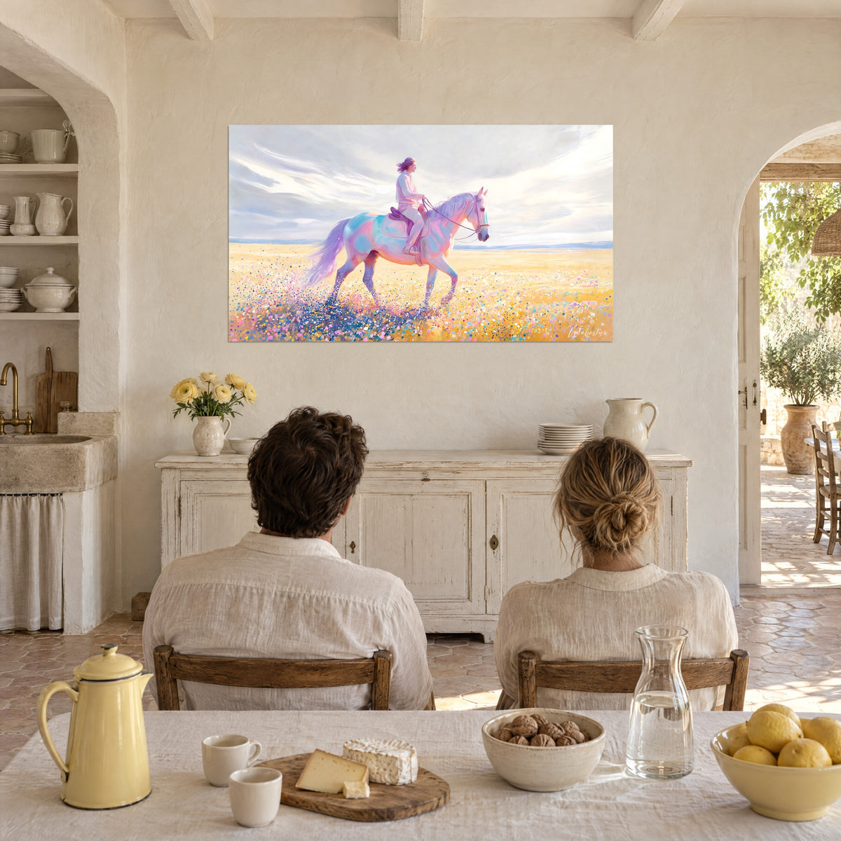 Tableau chevauchée lumineuse, étalon lilas et turquoise dans un champ ocre piqueté de pastel, couple de dos à table dans un mas provençal