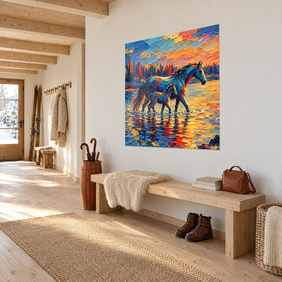Tableau équidés au pas dans une rivière crépusculaire, coups de spatule épais bleus et ambrés, mur blanc d'une entrée en chalet
