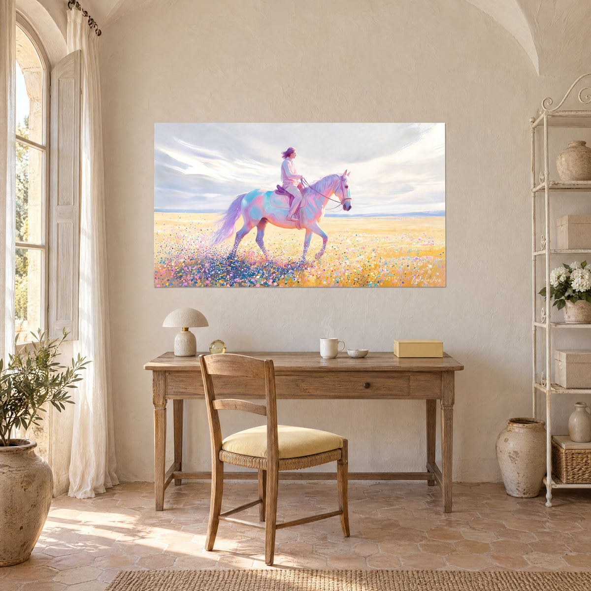 Tableau destrier aux teintes irisées rose et bleu, cavalier à la crinière violette, ciel voilé, bureau en bois et chaise de paille