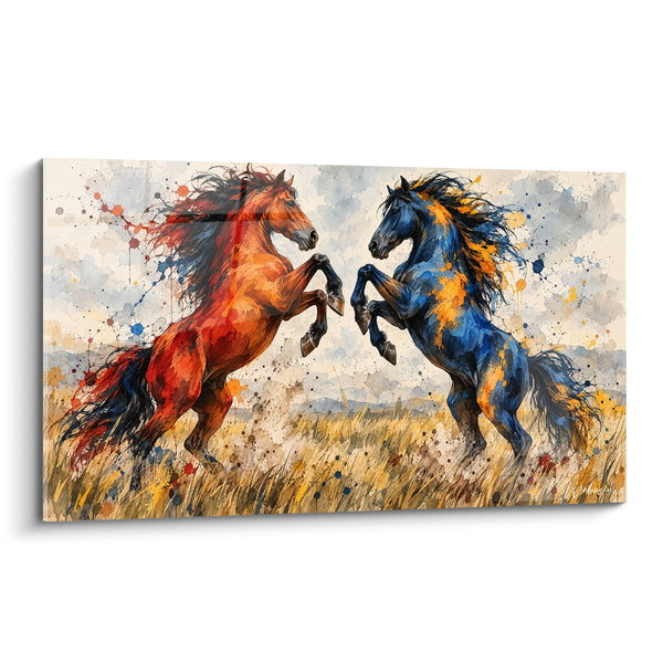 Tableau Chevaux cabrés orange et bleu dans les hautes herbes - Face à face sauvage - Edition Cheval