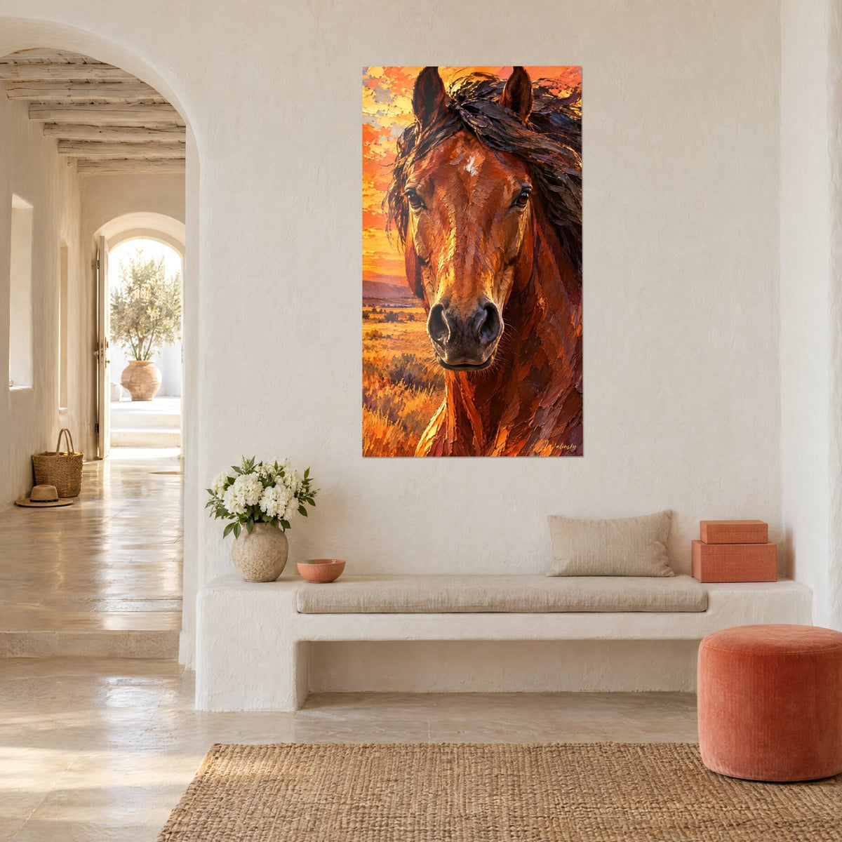 Tableau portrait équin aux touches épaisses roux et ocre, ciel de braise, dans un couloir voûté d'une maison blanche chaulée