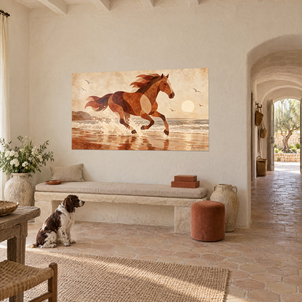 Quadro cavallo rossiccio dai crini fluttuanti, sabbia ocra e cielo crema, di fronte a uno spaniel, masseria provenzale