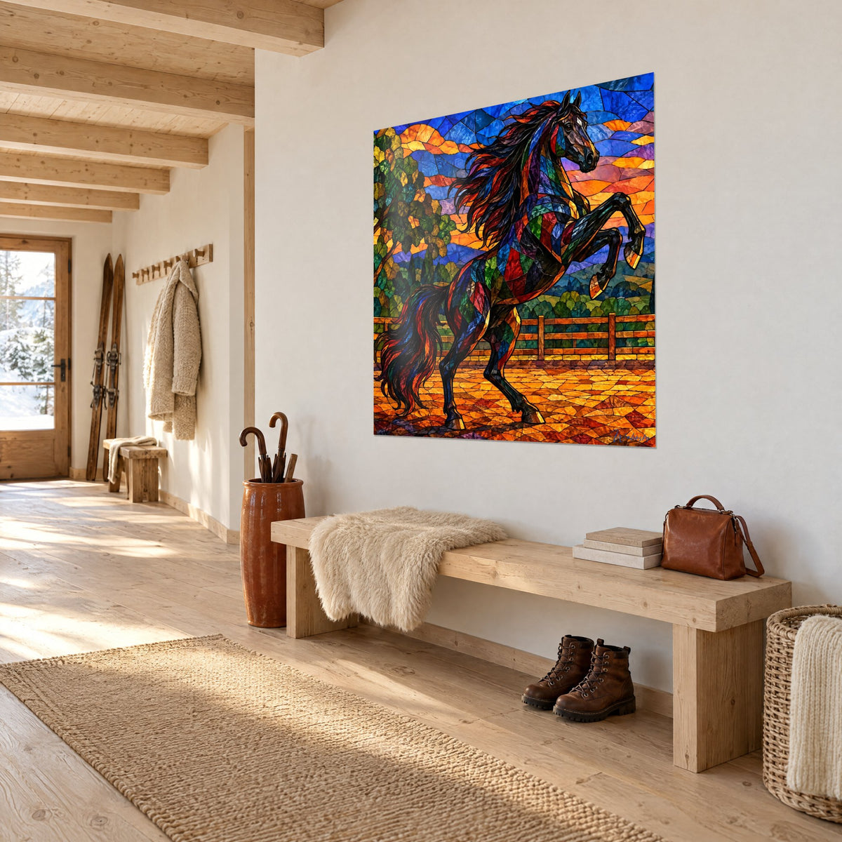 Tableau destrier aux sabots dorés dressé sur ses postérieurs, feuillage vert et ocre, vu de trois quarts dans l'entrée d'un chalet