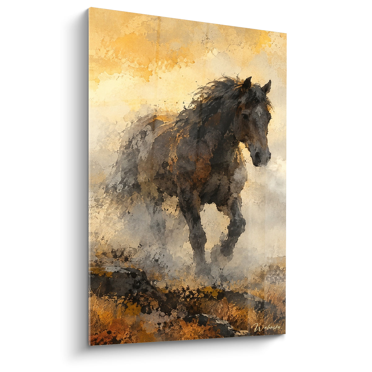 Tableau cheval sauvage galopant dans une brume dorée et grise, crinière soulevée par le vent