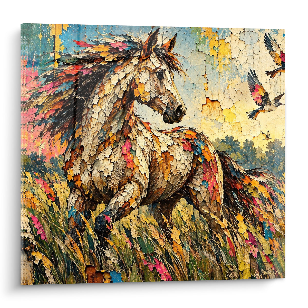 Tableau cheval sauvage aux textures craquelées ocre et bleu pastel dans une prairie fleurie