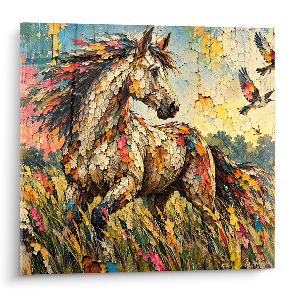 Tableau Cheval sauvage aux textures craquelées multicolores - Envol dans la prairie - Edition Cheval