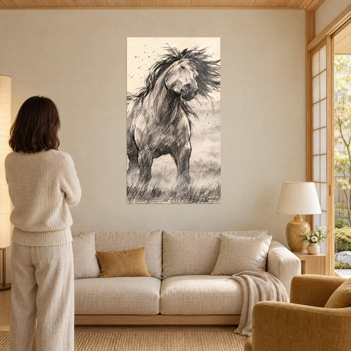 Tableau étalon sauvage à la crinière noire fouettée par le vent, fusain beige et gris, au-dessus d'un canapé dans un salon lumineux