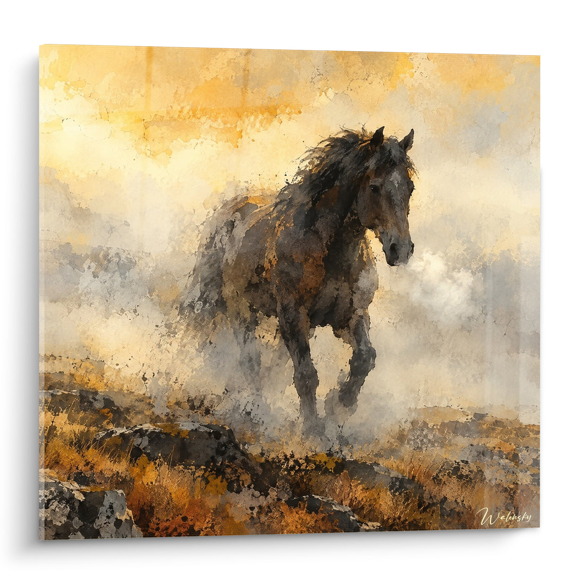 Tableau cheval sauvage anthracite et doré galopant dans une brume ocre et crème