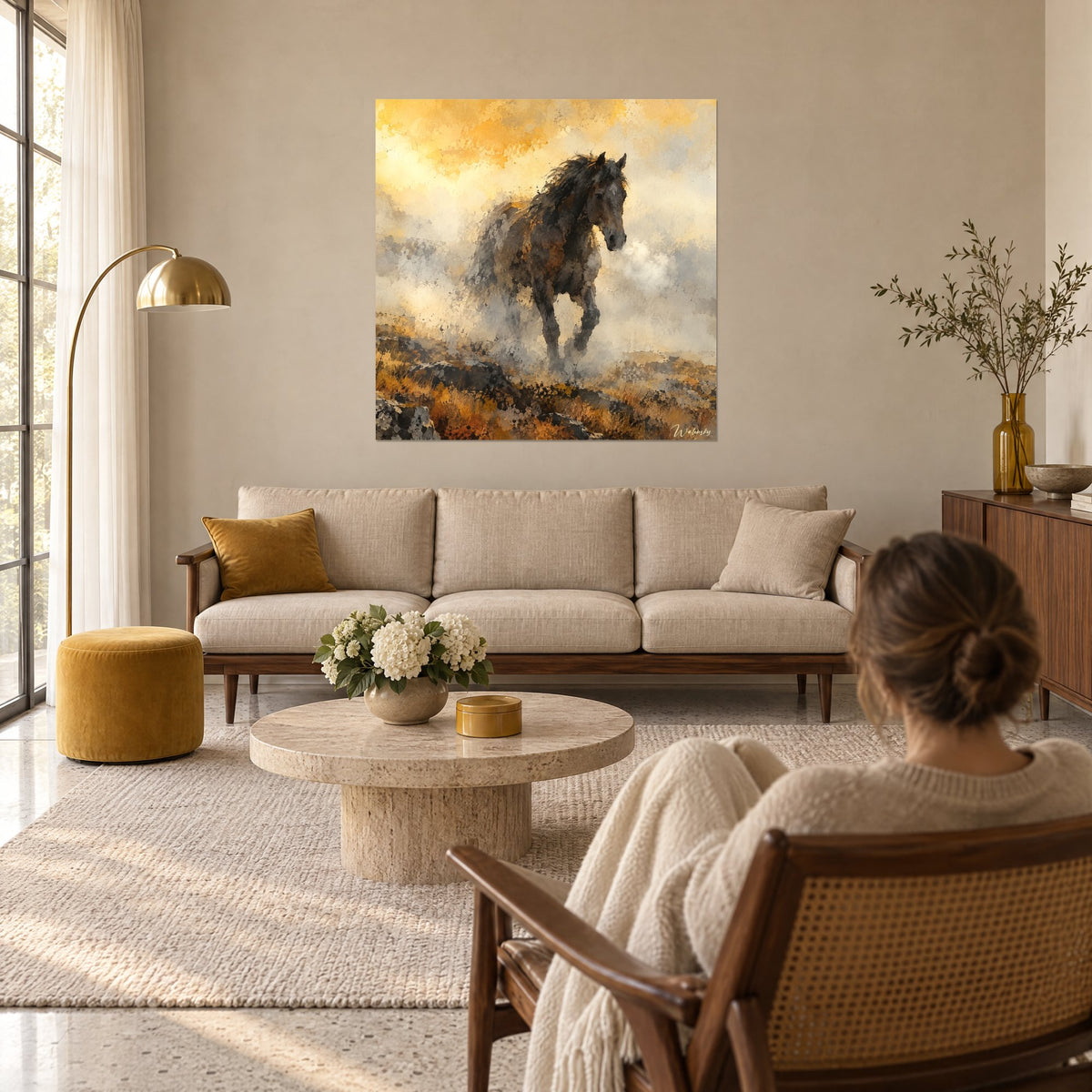 Tableau étalon sauvage au galop dans la brume dorée, crinière noire et ciel ocre, au-dessus d'un canapé dans un salon lumineux