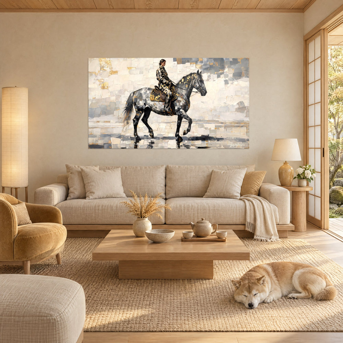 Gemälde Reiter auf dapple-grauem Hengst, mit Gold verzierter Sattel vor cremefarbenem Hintergrund, schlafender Shiba, über einem Sofa in einem hellen Wohnzimmer