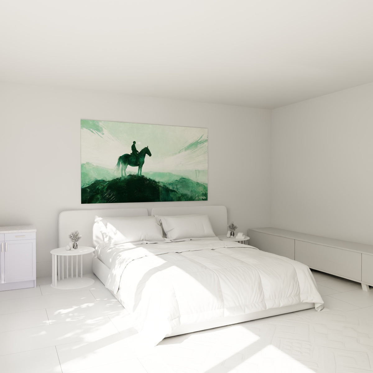 Cheval et cavalier sombres se dressant sur fond vert émeraude, accrochés au-dessus d'un lit dans une chambre claire
