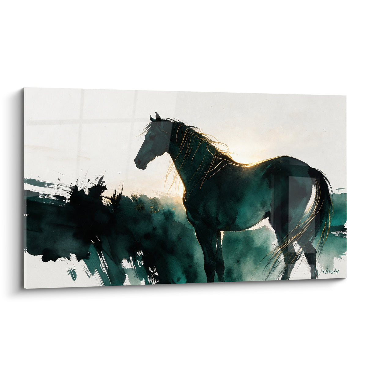 Tableau cheval silhouette vert émeraude et doré se détachant sur un fond aquarelle lumineux