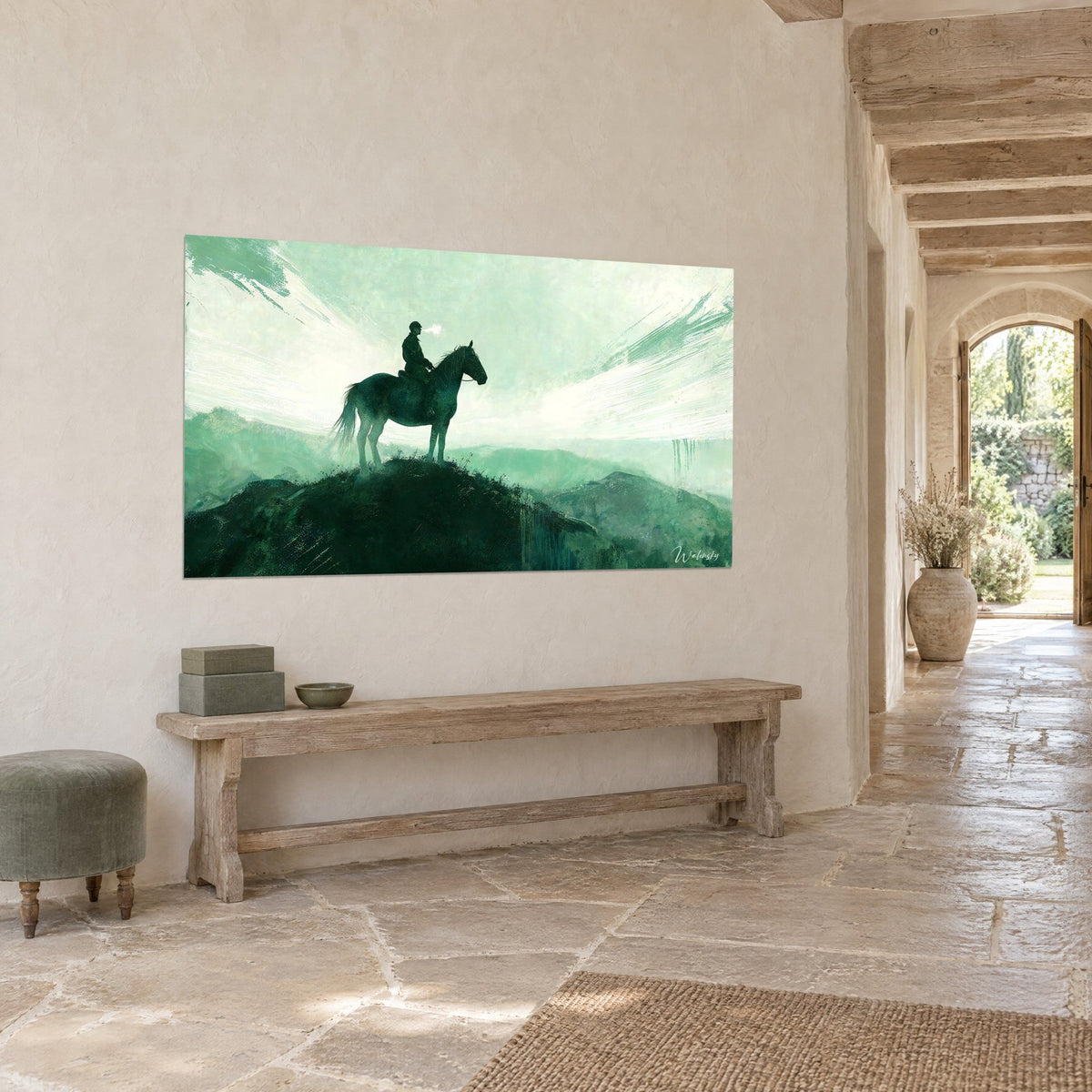 Wall art horse climbing a hill in jade green brushstrokes, streaked white sky, three-quarter view in a stone house